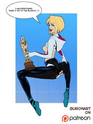 abstract_background after_insertion after_masturbation after_sex ass blonde_hair breasts breasts_out english_text from_behind guron555 gwen_stacy hoodie marvel nipples oscar_(award) oscars_(ceremony) pussy_juice sitting small_breasts speech_bubble spider-gwen spider-man:_into_the_spider-verse spider-man_(series) statue torn_clothes wet