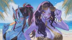 2girls animal_print beach bikini black_bikini black_hair black_nails blue_skin bracelet breasts character_request cleavage colored_skin earrings eyewear_on_head facial_mark food gold_bracelet gold_earrings highres holding holding_food holding_popsicle hoop_earrings horns indie_virtual_youtuber jewelry large_breasts leopard_print lips melting_popsicle multicolored_hair multiple_girls ocean oni open_mouth pink_hair pointy_ears ponytail popsicle purple_skin second-party_source snake_girl streaked_hair swimsuit tongue tongue_out upper_body vexoria_the_sun_eater virtual_youtuber vtuber white_hair yellow_eyes