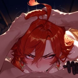1boy 1girl 1girls :>= ahoge ai_generated balecxi black_gloves blush breasts completely_nude curvaceous curvaceous_female curvaceous_figure curvy curvy_figure dark-skinned_male dark_skin deepthroat earrings fellatio female female_focus genshin_impact glaring gloves hair_between_eyes hands_on_another's_head head_grab heart-shaped_pupils hetero hoyoverse irrumatio jewelry large_breasts long_hair looking_at_viewer male mavuika_(genshin_impact) mihoyo motion_lines nude oral penis pov_crotch red_eyes red_hair rolling_eyes saliva solo_focus sweat symbol-shaped_pupils uncensored veins voluptuous voluptuous_female