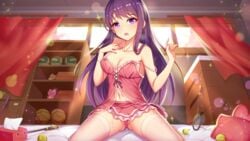 girlgame lingerie long_hair looking_at_viewer panties pink_panties pink_skirt pleated_skirt preety_angel purple_eyes purple_hair skirt skirt_lift stockings upskirt