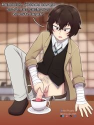 1boy adrisushi823 balls bungo_stray_dogs coffee coffee_cup dazai_osamu osamu_dazai pants_down penis pubic_hair spanish_dialogue spanish_text