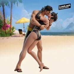 ass barefoot batman batman_(bruce_wayne) beach big_ass big_butt black_bikini black_boxers black_swimsuit booty bubble_ass bubble_butt butt catwoman catwoman_(fortnite) couple couple_(romantic) cuddle dc dc_comics fortnite fortnite:_battle_royale intimacy intimate kiss kissing romantic romantic_couple sand selina_kyle