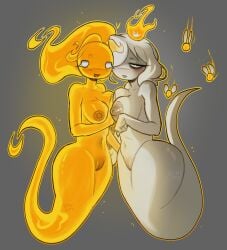 2female 2girls boobs closed_mouth digital_drawing_(artwork) digital_media_(artwork) duo duo_female female fire_emblem flame flame_hair flames girl opened_mouth orange_body orange_hair pussy smile suggestive suggestive_look suggestive_pose suggestive_posing the_binding_of_isaac tits together white_body white_eyes white_hair white_pupils yuri