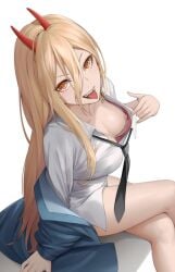 bra chainsaw_man medium_breasts nipples power_(chainsaw_man) showing_breasts solo thighs tongue_out tounge_out