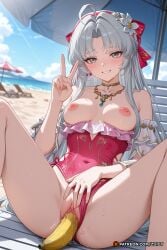 ai_generated beach breasts breasts_out carlotta_(wuthering_waves) clothed grey_eyes long_hair looking_at_viewer object_insertion outdoors peace_sign pussy pussy_juice swimsuit swimwear uncensored vaginal_insertion white_hair wuthering_waves zuicy