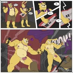 bear biceps bulge comic five_nights_at_freddy's five_nights_at_freddy's_2 fnaf fredbear_(fnaf) gay inkart_flow male_only pecs penis precum precum_drip rabbit spring_bonnie spring_bonnie_(fnaf) thick_thighs yellow_fur