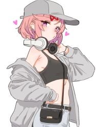 adorable bag bare_shoulders belt black_belt black_tank_top bracelet commentary cowboy_shot crop_top cute ddlc denim doki_doki_literature_club earrings from_side hair_ribbon handbag headphones headphones_around_neck heart highres jacket jeans jewelry jpg natsuki_(doki_doki_literature_club) off_shoulder open_clothes open_jacket oversized_jacket pants pink_eyes pink_hair pretty pretty_face pretty_girl puckered_lips questionable red_ribbon ribbon serenity_forge short_hair simple_background skreamyy stomach streetwear tank_top team_salvato white_background wholesome