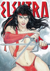 1girls big_breasts black_hair breasts elektra_natchios female marvel nipples solo sword tagme_(artist) traditional_media_(artwork)
