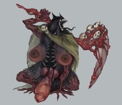 anthro big_breasts big_penis bone breasts canid corpse decaying elden_ring fan_character female fromsoftware genitals gore herm holding_object holding_weapon huge_breasts huge_penis hyper hyper_breasts hyper_genitalia hyper_penis intersex mammal mauvedeer monster penis putrescent_knight scp-1471-a scp_foundation simple_background skeleton solo weapon white_background