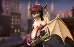 3d big_ears black_hair blender breasts deadlock exhibitionism flashing flashing_pussy gargoyle horns ivy_(deadlock) looking_at_viewer nose_piercing partially_clothed purple_clothing tail tongue_out wings wink yellow_eyes
