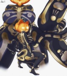anthro anus areola big_breasts big_butt bodypaint breasts butt chiru13 domestic_cat epic_games feet felid feline felis female food for_a_head fortnite front_view fruit genitals gesture grey_areola grey_background grey_nipples hand_gesture hi_res jack-o'-lantern looking_at_viewer looking_back looking_back_at_viewer low-angle_view mammal nipples nude object_head plant pumpkin rear_view simple_background skeleton_bodypaint solo spice_(fortnite) spread_legs spreading thick_thighs tongue tongue_out v_sign vulva wide_hips