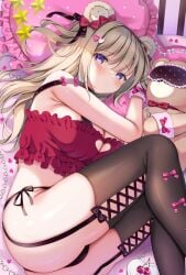 1girl ass bed bedroom blush breasts cameltoe camisole cleavage clothed gray_hair hair_ornament hair_ribbon highres large_breasts long_hair lying lying_on_bed lying_on_side miwa_uni on_bed original panties shirt stockings stuffed_animal stuffed_toy teddy_bear tied_hair twintails
