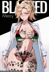 1girl ai_generated anime artist:basicallynomore blacked female looking_at_viewer mercy mercy_(overwatch) overwatch pan-african_flag_bikini pan_african_colors pubic_tattoo qos qos_tattoo queen_of_spades queen_of_spades_symbol queen_of_spades_tattoo tattoo tattoos white_skin