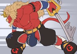 abs action_pose anthro bars belt bulge cosplay gardie_(otukimi) horns keyblade kingdom_hearts light_hair long_hair male_only othukimi red_skin shirtless shoes smile smiling spread_legs tail weapon