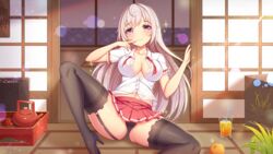 big_breasts black_panties girlgame leg_spread long_hair looking_at_viewer panties pink_eyes pleated_skirt preety_angel school_uniform skirt spread_legs stockings unbuttoned upskirt white_hair