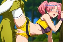 1girl ai_assisted ai_generated anime_coloring anime_screencap cock_in_pussy collar cowgirl creampie embarrassed inside leaning_forward moaning outside parted_bangs pussy_sex saliva shaking side_view spread_legs standing_doggystyle tree
