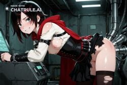 1girl ai_assisted ai_generated beautiful_eyes belt black_hair corset cowboy_shot curvy dominated facing_viewer forced_orgasm grey_eyes high_quality highres leaning_forward legs_spread looking_at_viewer mouth_open narrow_waist nipples petite_body red_cape ripped_clothes ruby_rose rwby shiny_skin short_hair side_view silver_eyes skinny skirt small_breasts small_tits smile solo solo_female thighhighs tiny_tits torn_clothes unable_to_move unable_to_resist wide_hips young