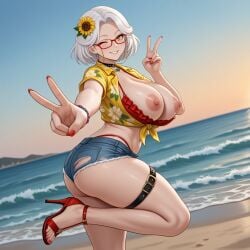 1girls ai_generated amber_eyes ass beach big_breasts bikini_top_pull breasts breasts_out choker denim_shorts hair_ornament hispanic_virtual_youtuber indie_virtual_youtuber latam_virtual_youtuber leg_belt leg_up looking_at_viewer millary nipples peace_sign red_glasses red_nails short_hair smile smiling_at_viewer solo_female sunflower_hair_ornament thick_thighs virtual_youtuber vtuber white_hair wink winking_at_viewer