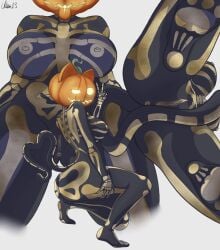 anthro anus areola big_breasts big_butt bodypaint breasts butt chiru13 domestic_cat epic_games feet felid feline felis female food for_a_head fortnite front_view fruit genitals gesture grey_areola grey_background grey_nipples hand_gesture hi_res jack-o'-lantern looking_at_viewer looking_back looking_back_at_viewer low-angle_view mammal nipples nude object_head plant pumpkin rear_view simple_background skeleton_bodypaint solo spice_(fortnite) thick_thighs tongue tongue_out v_sign vulva wide_hips