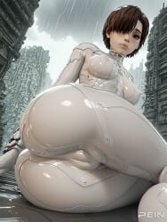 1girls ai_generated ass bodysuit breasts brown_eyes brown_hair building cameltoe city cloud cloudy_sky covered_nipples evie_(stellar_blade) grey_bodysuit hair_over_one_eye impossible_bodysuit lips looking_at_viewer lying medium_breasts on_side outdoors pein rain shiny_clothes short_hair skin_tight sky solo stable_diffusion stellar_blade wet wet_clothes white_bodysuit