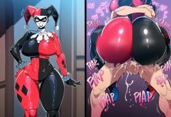 1boy 1girls ai_generated ass batman_(series) bottom_heavy dc dc_comics female grin harley_quinn harley_quinn_(classic) huge_ass huge_cock instant_loss_2koma male moaning mullon novelai penis rough_sex sex supervillain suspended_congress voluptuous