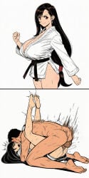 ai ai_generated big_breasts boobs challenge domination fight final_fantasy final_fantasy_vii final_fantasy_vii_remake huge_breasts instant_loss_2koma karate_gi legs_up long_hair martial_arts mating_press missionary_position orgasm penetration red_eyes rough_sex screaming sex tifa_lockhart tifa_lockhart_(1997) tifa_lockhart_90's_(style)