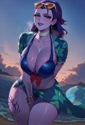 1girl ai_generated arm_behind_back arm_tattoo artist_name bangle beach between_legs bikini blue_bikini blush bracelet breasts choker cleavage clothing collarbone colored_skin cote_d'azur_widowmaker duxvector earrings eyeshadow eyewear_on_head female floral_print front-tie_bikini_top front-tie_top hair_pulled_back hand_between_legs hoop_earrings jewelry large_breasts leg_tattoo long_hair looking_at_viewer makeup ocean official_alternate_costume outdoors overwatch parted_lips purple_hair purple_lips purple_skin sarong short_sleeves sky smile solo sunglasses sunset swimsuit tattoo thighs tied_shirt water white_choker widowmaker widowmaker_(overwatch) yellow_eyes