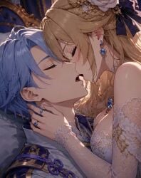 1boy 1girls ai_generated genshin_impact grok grok_imagine kamisato_ayato kissing married_couple navia_(genshin_impact) tagme video wedding_dress wedding_ring