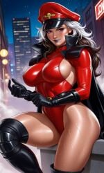 1girl ai_generated ambush_(trap) anna_marie belt bent_knee black_boots black_bracers black_cape black_gloves black_knee_pads black_kneehighs black_shoulder_pads blush blushing body_takeover body_theft bracers brown_hair capcom cape city city_lights collared_cape curly_hair exposed_thighs eyeshadow fog foggy glove_pull gloves gold_buckle hero_turned_villian high_collar intimidation knee_boots knee_pads knee_up large_breasts leotard looking_at_viewer m_bison m_bison_(cosplay) makeup marvel marvel_comics marvel_vs._capcom multicolored_hair muscular muscular_female night night_sky no_nude no_nudity on_platform peaked_cap pink_sclera possessed possession purple_eyes purple_lips purple_lipstick red_leotard rogue_(x-men) shoulder_pads side_cutout sideboob sitting smile smoke smug smug_smile street_fighter sweat sweaty sweaty_legs thick_ass thick_thighs tight_clothing toned toned_female villain villainess white_hair x-men