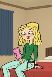 1futa 1girls accurate_art_style ai_generated balls bed bedroom blonde_hair carrie_(tdi) clothed erection fleshlight futanari masturbation penis penis_out sex_toy sitting sitting_on_bed solo testicles the_ridonculous_race total_drama_island unzipped_pants yellow_hair