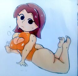 1girls ass big_ass breasts brown_hair feet female legs_up looking_at_viewer looking_to_the_side meow_fuck mii mii_gunner mii_gunner_(smash_4) mob_face nintendo one-piece_swimsuit short_hair solo super_smash_bros. super_smash_bros._for_nintendo_3ds_and_wii_u swimsuit the_pose toes_scrunch traditional_media_(artwork) white_background