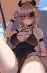 1girl 1girls absurdres animal_ears beach big_breasts black_nails black_one-piece_swimsuit breasts brown_hair brown_streaks choker cleavage commentary english_commentary female fishnets green_eyes hair_between_eyes highres indie_virtual_youtuber lace-trimmed_choker lace_trim large_breasts long_hair looking_at_viewer multicolored_hair nimi_nightmare nimi_nightmare_(goth) one-piece_swimsuit ponytail red-tinted_eyewear smile solo streaked_hair sunglasses sweat swimsuit tapir_ears tapir_girl thighs tinted_eyewear tits virtual_youtuber vtuber