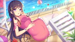 big_breasts black_hair dress girlgame long_hair looking_at_viewer pink_dress preety_angel purple_eyes stockings tight_dress