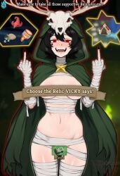 1girls 2d 67 2026 67_(meme) ai_assisted ai_generated animal_skull antlers artist_self-insert bandage bandaged_arm bandaged_chest bandaged_hands bandaged_leg bandaged_neck bandaged_wrist bandages black_hair black_nails blush breasts cloak colored cosplay demon demon_girl demoness english_text fangs female femdom findom flat_belly flat_stomach flipping_off flipping_viewer_off gameplay gameplay_mechanics gameplay_screenshot green_cloak green_clothes green_clothing hip_dips hood hood_up hooded_cloak hoodie light_skin long_nails looking_at_viewer marble mask medium_hair middle_finger nail_polish navel open_mouth pale_skin parody red_eyes self_upload sharp_nails skull slay_the_spire slay_the_spire_2 solo solo_female star_shaped_pupils stomach succubus tent text the_silent_(slay_the_spire) tongue tummy villainousvicky villainousvicky_(vtuber)