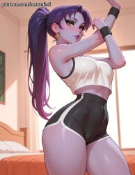 1girl 1girls ai_generated blush breasts breasts, camel_toe cameltoe cleavage clothed clothed_female curvy female female_focus female_only focus fully_clothed large_breasts long_hair makeup mewmimi nipples nipples_covered nipples_visible_through_clothing overwatch overwatch_2 ponytail purple_body purple_hair purple_skin pussy sfw solo solo_female solo_focus teeth tight_clothes tight_clothing uncensored widowmaker yellow_eyes