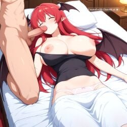 1boy 1girl 1girls ai_assisted ai_generated anime_screencap bat_wings bed bedroom big_breasts closed_eyes clothed_female head_wings huge_breasts koakuma large_breasts light_skinned_male long_hair lying lying_on_back male massive_breasts nipples nude_male panties penis penis_awe penis_on_face pointy_ears red_eyes red_hair screencap shirt_pull sleep_molestation sleeping tank_top wings