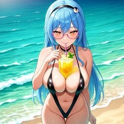 1girls ai_generated amber_eyes aruzeya beach big_breasts bikini blue_hair blush breasts cameltoe choker hair_ornament hispanic_virtual_youtuber indie_virtual_youtuber latam_virtual_youtuber lemonade long_hair looking_at_viewer micro_bikini nipple_bulge pink_glasses solo_female virtual_youtuber