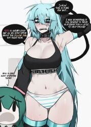 1girls armpits big_breasts black_bra blue_hair breasts clothed clothing color dialogue english_text female female_focus female_only girlfailure glitchace hag hatsune_miku large_breasts light_skin looking_at_viewer messy_hair nervous open_eyes open_mouth panties partially_clothed partially_clothed_female plushie pov sharp_teeth simple_background speech_bubble standing striped_panties sweat talking_to_viewer text thick_thighs thighhighs tired_eyes tits twitter_link underwear vocaloid white_background
