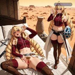 1girl 3d ahoge ai_assisted ai_generated bare_shoulders black_shorts blonde_hair blurry_background brown_belt brown_footwear closed_mouth crop_top desert detached_sleeves drill_hair dust elinalise_dragonroad excessive_pubic_hair fellatio_gesture fighting_stance from_above hair_between_eyes hair_intakes hairy_anus hairy_pussy hairy_vulva holding_shield holding_sword indoors legs_apart looking_at_viewer micro_shorts midriff mouth_open multicolored_shirt mushoku_tensei naked nude on_back on_bed pillow pointy_ears rape red_eyes red_thighhighs serious sheath shield sleeveless solo sword thigh_boots very_long_hair walking yellow_sky