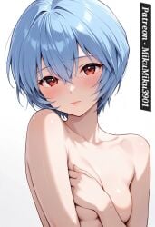 blue_hair blush covering_breasts evangelion light-skinned_female light_skin naked naked_female nude nude_female red_eyes rei_ayanami seductive upper_body