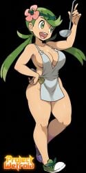 1girls apron apron_only artist_logo artist_name big_breasts edit edited_official_artwork female_only flower flower_in_hair green_eyes green_hair hair_ornament ladle mallow_(pokemon) official_art pokemon pokemon_sm projectwetroid tanned thick_thighs