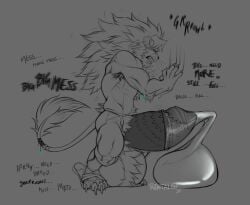 absurd_res after_transformation animal_genitalia animal_penis anthro arm_tuft armpit_hair back_tuft balls biceps big_balls big_hands big_penis bodily_fluids body_hair breath cheek_tuft chest_tuft clawing claws clenched_teeth clothing condom cum dialogue ear_piercing ear_ring ejaculation elbow_tuft english_text erection excessive_genital_fluids excessive_precum facial_tuft fangs felid feline feline_genitalia feline_penis filled_condom fluffy fur genital_fluids genitals glowing glowing_eyes growling hair happy_trail hi_res huge_balls huge_penis hyper hyper_balls hyper_genitalia hyper_penis jewelry kesharo lion looking_pleasured loss_of_control lowered_pants male mammal mane masturbation musclegut muscular muscular_male nude open_mouth pantherine panting penile_spines penis piercing precum precum_in_condom pubes rentalgf ring_piercing scratching sexual_barrier_device shaking sheath snarling solo sound_effects tail teeth text torn_clothing transformation tuft underwear wearing_condom werecreature werefelid whiskers