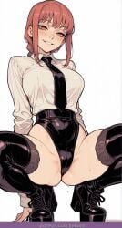 1girl ai_assisted ai_generated bebora black_necktie boots braid braided_ponytail breasts collared_shirt highleg large_breasts looking_at_viewer makima_(chainsaw_man) necktie red_hair ringed_eyes shirt smile solo spread_legs squatting sweat thighhighs white_background white_shirt