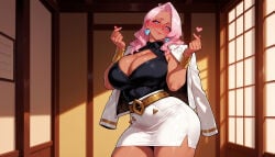 1girl 1girls ai_generated architecture balecxi bangs belt black_shirt blue_eyes blush bracelet bracer breasts brown_belt cleavage cleavage_cutout closed_mouth clothing clothing_cutout collared_shirt curvaceous curvaceous_female curvaceous_figure curvy curvy_figure dark-skinned_female dark_skin domina_(cosplay) earrings east_asian_architecture enen_no_shouboutai female female_focus finger_heart fingernails fire_force gold_earrings hair_behind_ear hands_up heart-shaped_pupils heart_earrings high-waist_skirt indoors inviting inviting_to_sex jacket jacket_on_shoulders jewelry large_breasts lips long_fingernails long_hair looking_at_viewer makeup miniskirt nail_polish pencil_skirt pink_hair pink_lips pink_nails presenting presenting_ass presenting_breasts presenting_hindquarters presenting_pussy presenting_self princess_hibana red_nails seductive seductive_look seductive_smile shirt shirt_tucked_in skirt sleeveless sliding_doors smile solo standing symbol-shaped_pupils thick_thighs thighs triangle_earrings voluptuous voluptuous_female wavy_hair white_jacket white_skirt