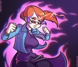 1girls 2d 2d_(artwork) absurd_res aura beautiful_female beautiful_woman black_leggings blue_eye cleavage cleavage_cutout clenched_fists clenched_hands cloak commission commission_art denim_jacket emotionless emotionless_female expressionless fan_character fire glowing_eye glowing_eyes_female highres jean_jacket large_breasts leggings mature_female mature_woman mysterious orange-haired_female orange_hair original_character pink_fire player_character psicoyote purple_hair rareware red_eye rings sea_of_thieves short-haired_female simple_background sunglasses text watermark
