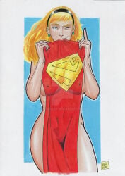 1girls big_breasts blonde_hair breasts dc_comics female hairband nipple_bulge solo supergirl tagme_(artist) traditional_media_(artwork)