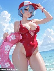 1girl ai_generated alternate_costume arlequin097 arm_up ass_visible_through_thighs bare_shoulders baseball_cap beach blue_eyes blue_hair blue_sky blush bracelet breasts cameltoe casual_one-piece_swimsuit cleavage closed_mouth cloud collarbone covered_navel covered_nipples cowboy_shot day floral_print groin hair_between_eyes hand_on_headwear hat highleg highleg_swimsuit holding holding_swim_ring innertube jewelry large_breasts lips looking_at_viewer ocean one-piece_swimsuit outdoors pink_lips re:zero_kara_hajimeru_isekai_seikatsu red_headwear red_one-piece_swimsuit rem_(re:zero) shiny_skin short_hair sky smile solo standing swim_ring swimsuit thick_thighs thighs water wet wet_swimsuit