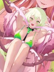 2girls absurdres ahoge animal_ears antennae aroused arthropod_girl arthropod_limbs ayavi big_breasts bikini blush braid breasts carrying carrying_person cockroach_girl commentary dress english_commentary facial_mark fangs ferret_ears ferret_girl green_bikini green_eyes green_hair green_necktie hair_between_eyes height_difference highres huge_breasts indie_virtual_youtuber laimu large_breasts legs lesbian long_hair massive_breasts matara_kan monster_girl multicolored_hair multiple_girls necktie open_mouth pink_hair short_hair short_necktie size_difference streaked_hair swimsuit tits virtual_youtuber yuri