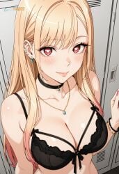 1girl adult aged_up ai_generated black_bra black_lingerie blonde_hair blush bra, choker cleavage close-up earrings erotic glossy_skin heart-shaped_pupils heart_eyes highres holding_phone indoors, lace_bra large_breasts locker_room lockers long_hair looking_at_viewer marin_kitagawa multicolored_hair multiple_earrings my_dress-up_darling my_dress_up_darling necklace phone pink_hair r34dungeon red_eyes seductive selfie shiny_skin smile solo suggestive upper_body