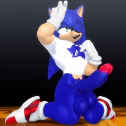 1boy 3d 3d_(artwork) anthro balls big_penis blue_fur bottomless bottomless_male clothing erection furry furry_male furry_only genitals gloves hedgehog huge_cock kneeling large_penis makioria male male_only mammal mature_male no_pants open_mouth penis red_shoes sega shirt shoes solo solo_focus solo_male sonic_(series) sonic_the_hedgehog sonic_the_hedgehog_(series) testicles white_gloves white_shirt